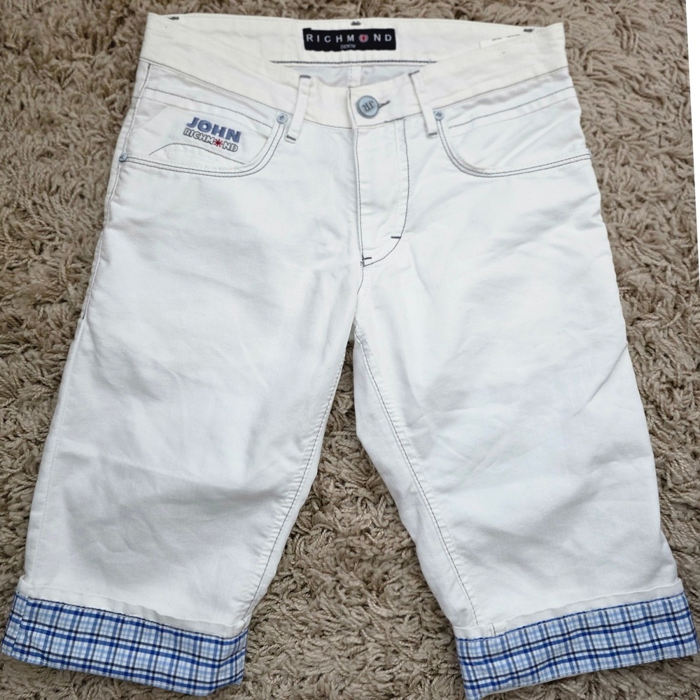 John Richmond White Women's Bermuda Shorts with Blue Plaid Cuffs